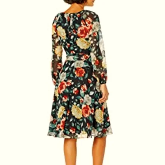 Tahari ASL Floral Velvet Silhouette Chiffon OverlayDress Red Yellow Bloom Black - Picture 2 of 14